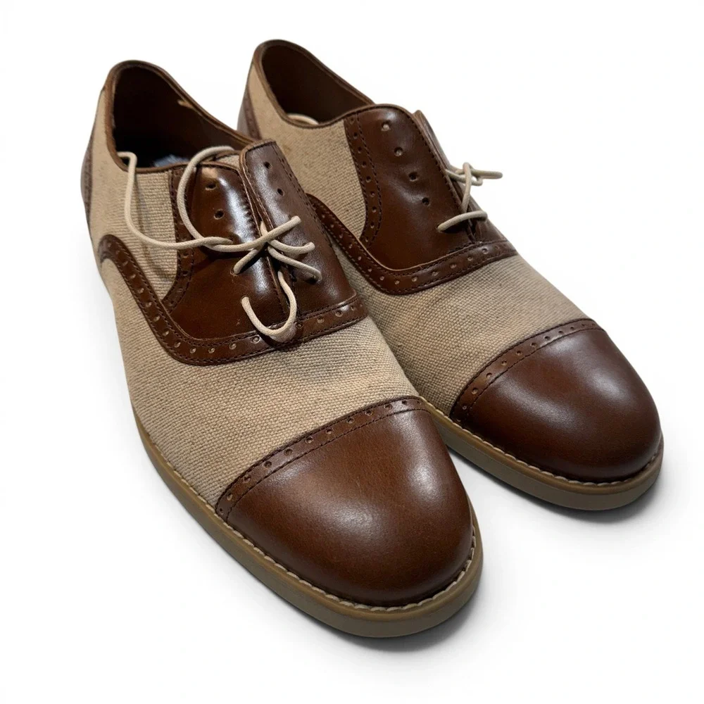 Johnston & Murphy Two Tone Cap Toe Oxford Shoes Men 9.5 M Tan Leather Canvas New